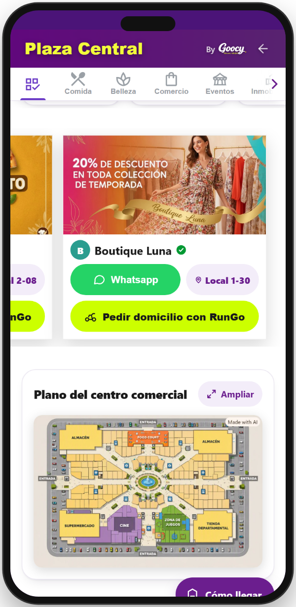 Promoción de un comercio con los botones de WhatsApp y Pedir domicilio con RunGo