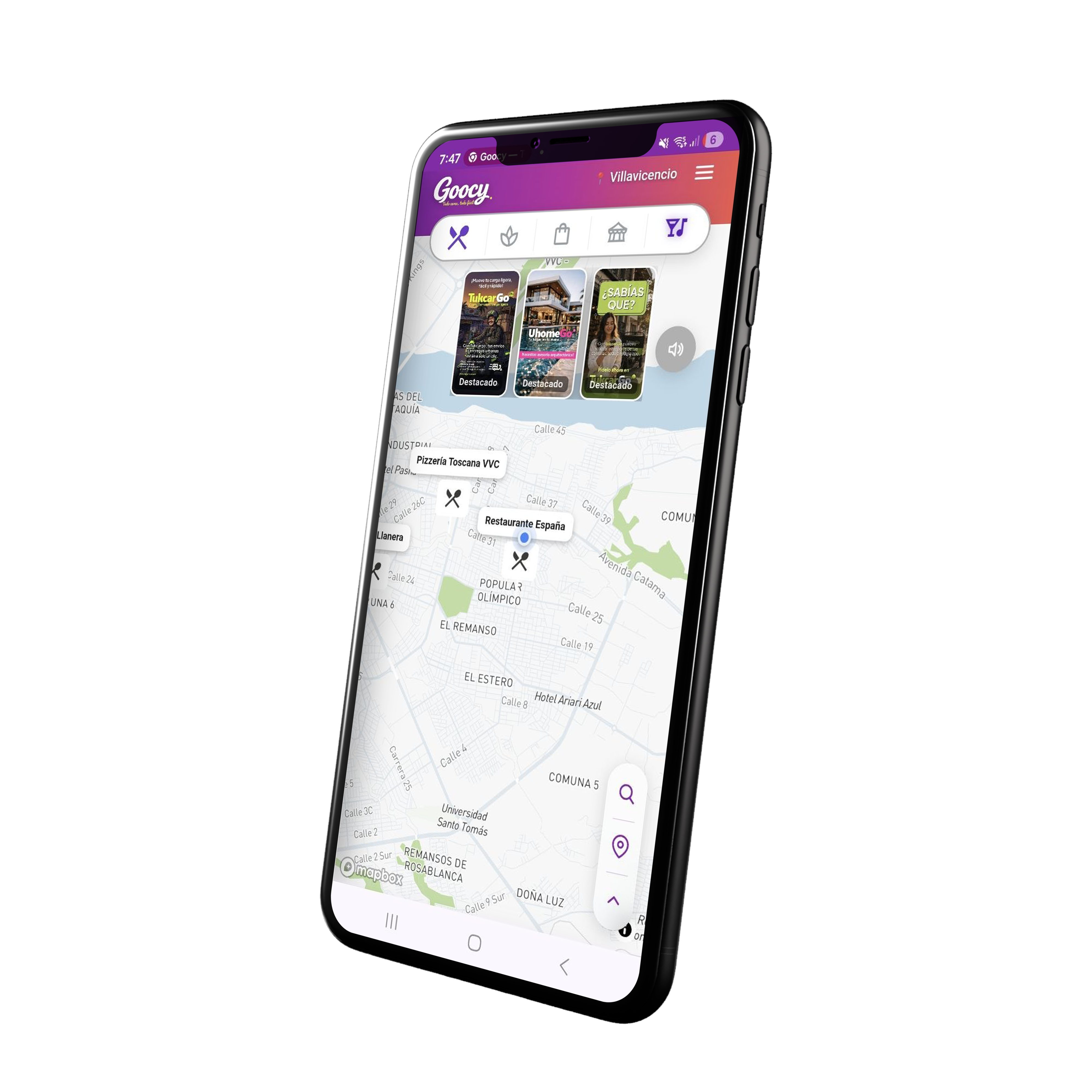 Captura real de la app Goocy mostrando el mapa con novedades activas