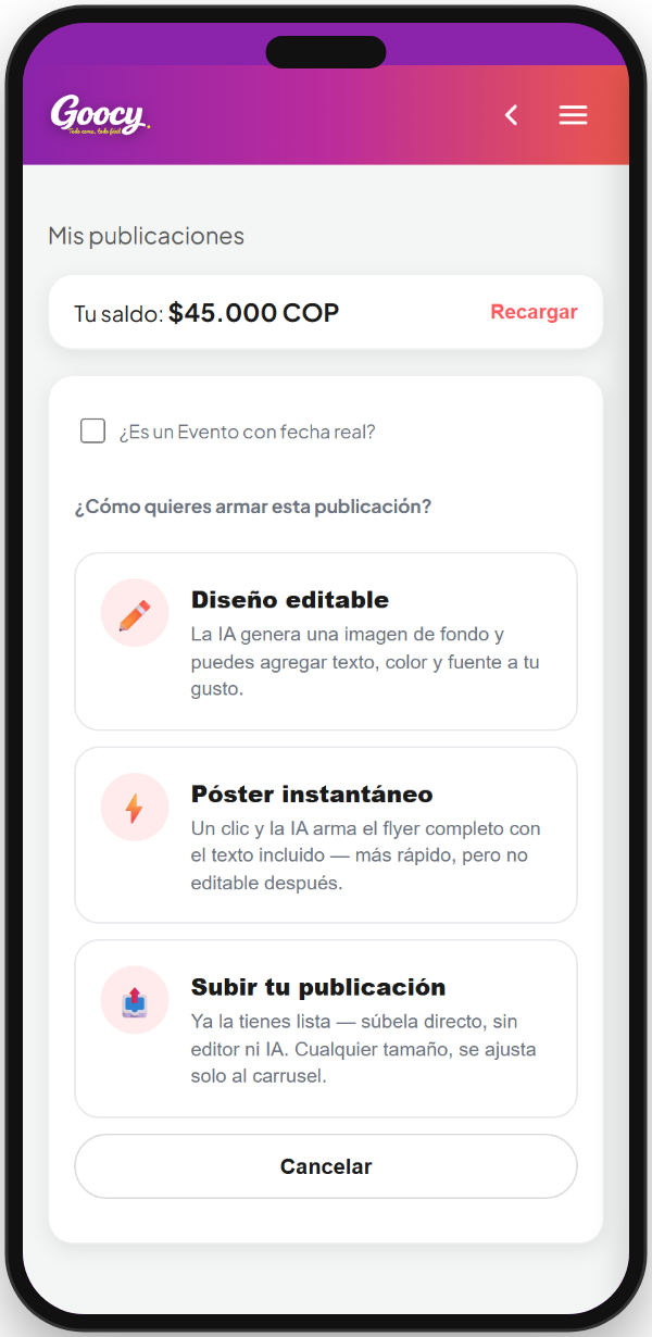 Crear una publicación en Goocy: diseño editable con IA, póster instantáneo o subir tu propia imagen