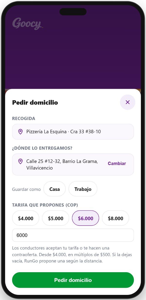 Formulario para pedir un domicilio con RunGo: dirección de entrega y tarifa propuesta