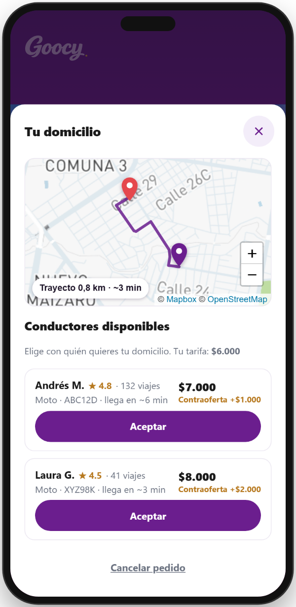 Lista de conductores disponibles con su tarifa, calificación y tiempo de llegada