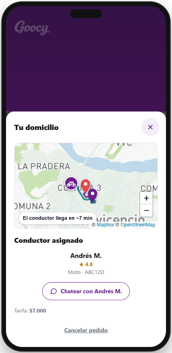 Mapa con el conductor en camino y botón para chatear con él